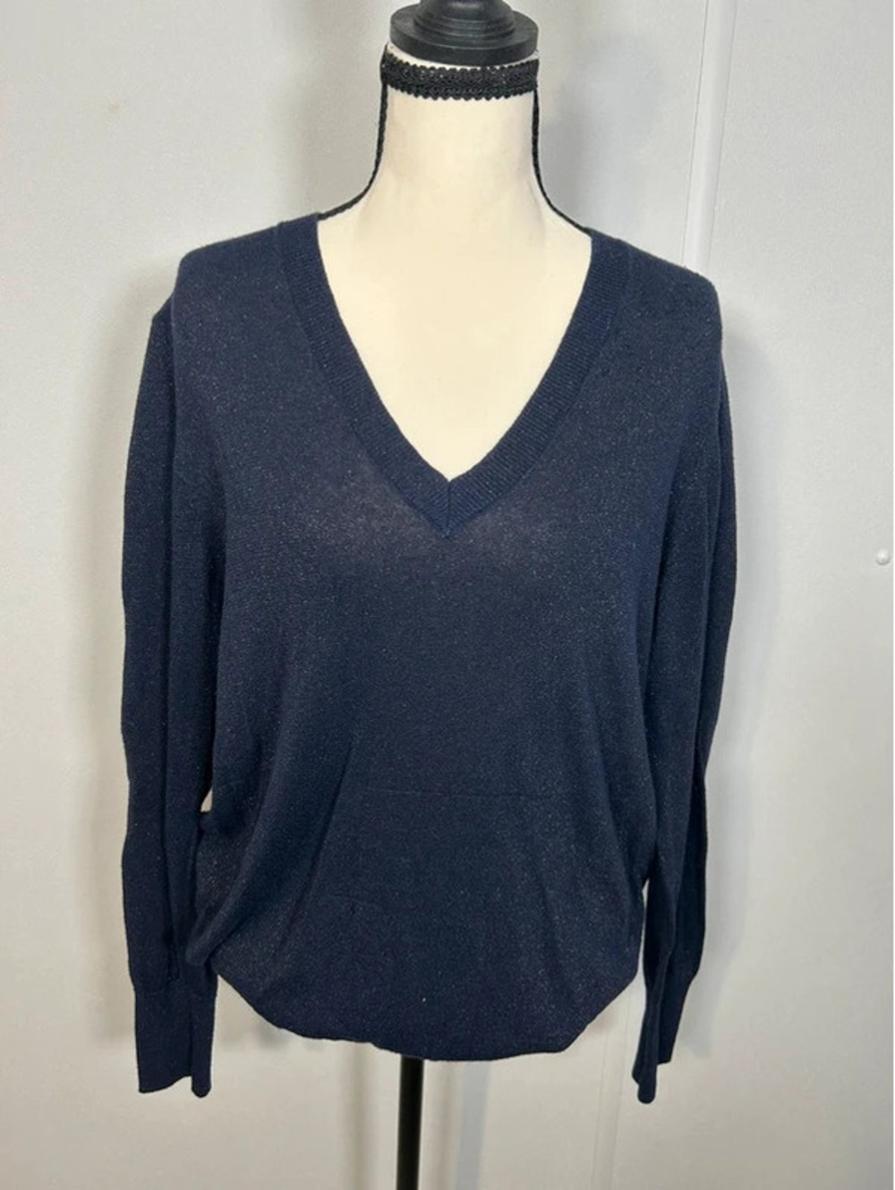 Gap Navy Blue Sparkle V-Neck Lightweight Knit Sweater Size L
